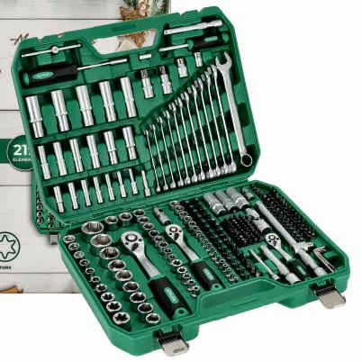 Dugó- és villáskulcs készlet, 219 részes, műa. kofferban, 1/2"-1/4"-3/8", STALCO