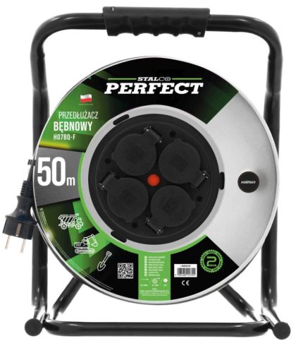 Hosszabbító kábeldob 50M, HEAVY LINE IP-44 4x2p+Z, 16A, 3680W, 3x2,5mm H05RR-F, STALCO PERFECT